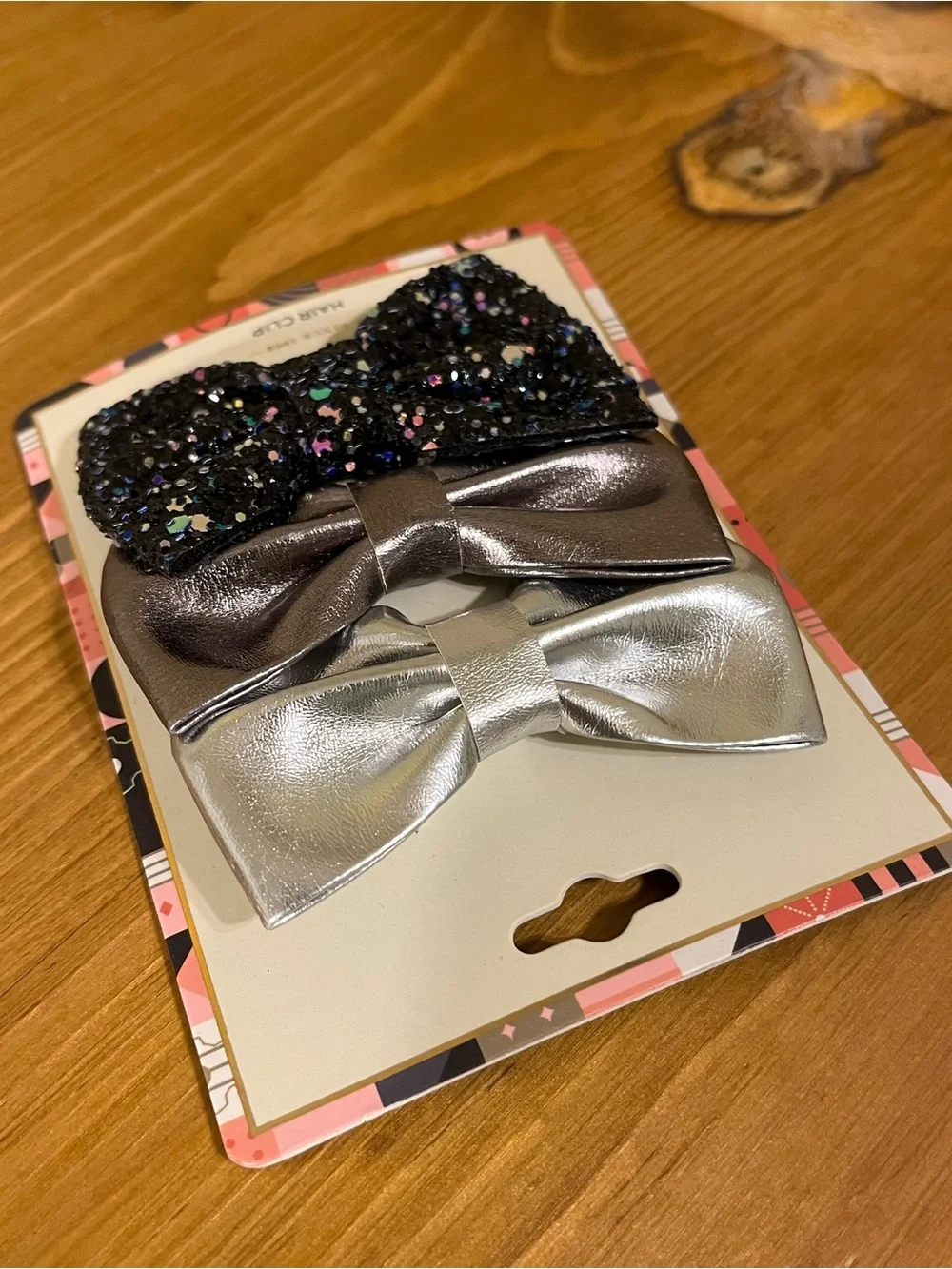 FAO Schwarz Metallic Silver and Black Glitter Bow Hair Clips